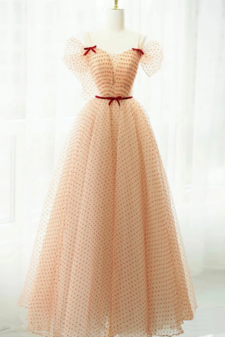 A Line Champagne Tulle Long Prom Dress, Champagne Long Formal Dress