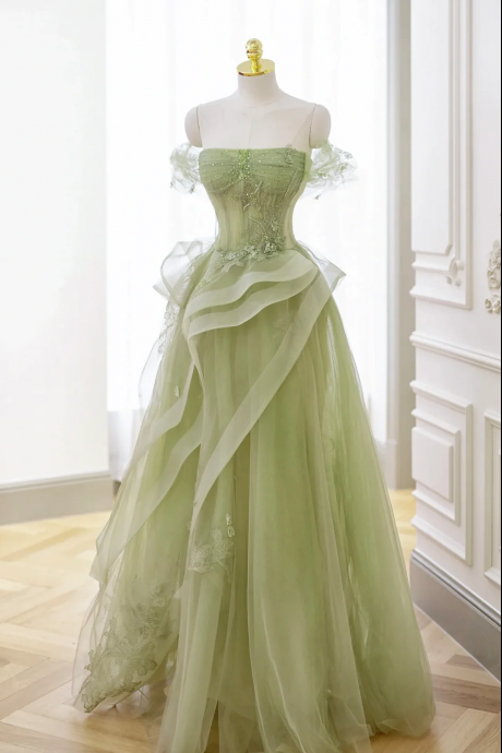 Enchanted Forest Green Tulle Gown With Delicate Embroidery And Sheer Overlay