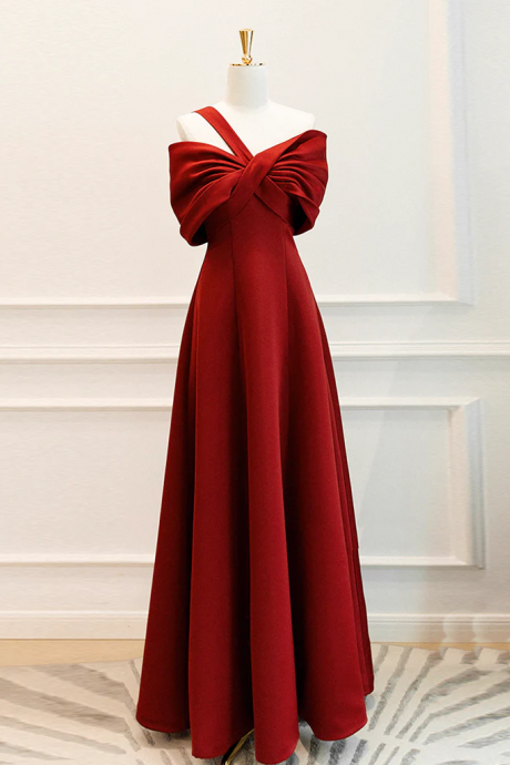 A Line One Shoulder Satin Burgundy Long Prom Dress, Burgundy Long Formal Dress