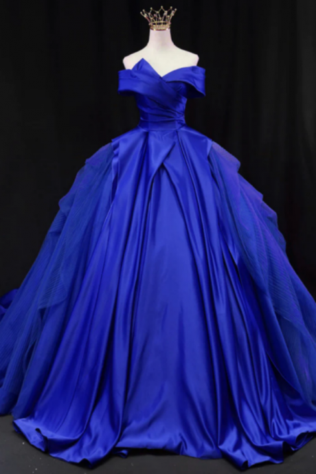 Off Shoulder Tulle Satin Blue Long Prom Gown, Blue Long Evening Dress