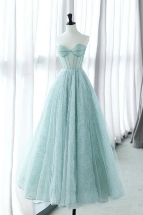 A Line Sweetheart Neck Tulle Lace Blue Long Prom Dress, Blue Long Formal Dress