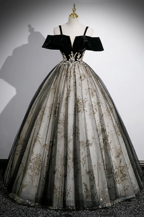 Black Velvet And Sequins Long Prom Dress, Black Off The Shoulder A Line Evening Dress