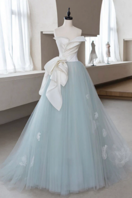 A Line Blue Tulle Lace Applique Long Prom Dress, Blue Long Formal Dress