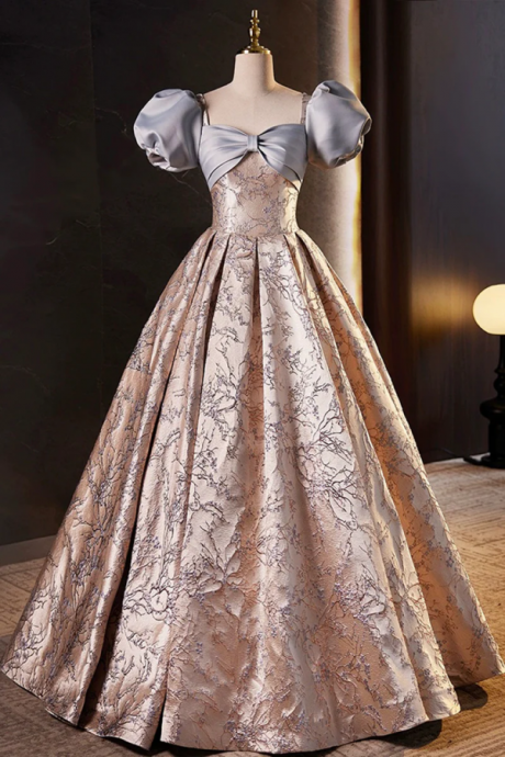 Fashion Floor Length Printing Prom Dresses, A Line Short Sleeve Backless Evening Formal Dresses