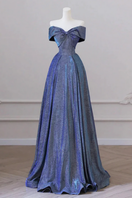 Simple A Line Shiny Satin Blue Long Prom Dress, Blue Long Formal Dress