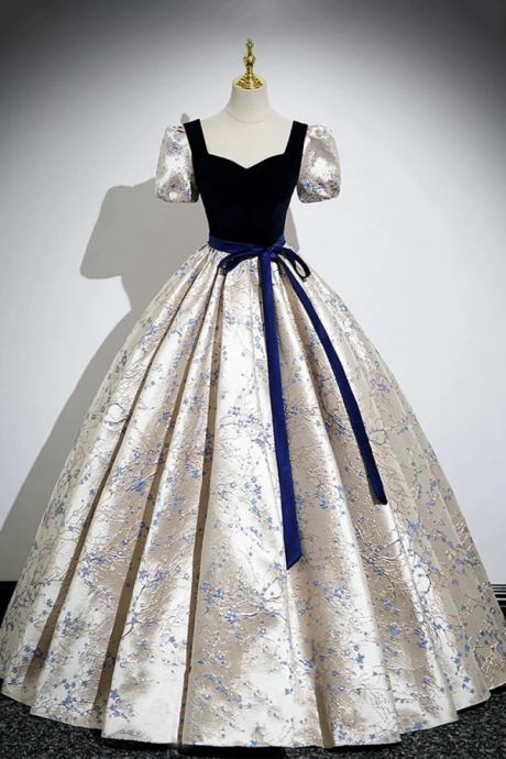 Blue Velvet Floor Length Printing Prom Dresses, A Line Short Sleeve Evening Formal Dresses