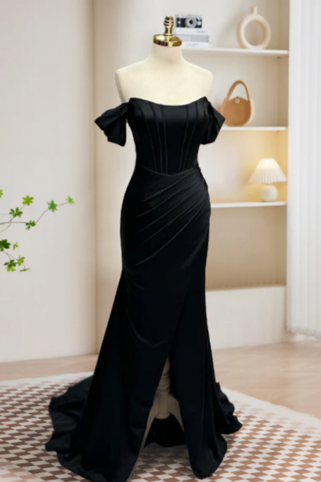 Black Off Shoulder Satin Mermaid Long Prom Dress, Black Long Evening Dress