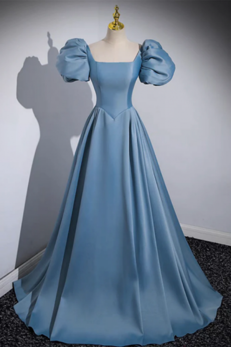 A Line Puff Sleeves Satin Blue Long Prom Dress, Blue Long Formal Dress