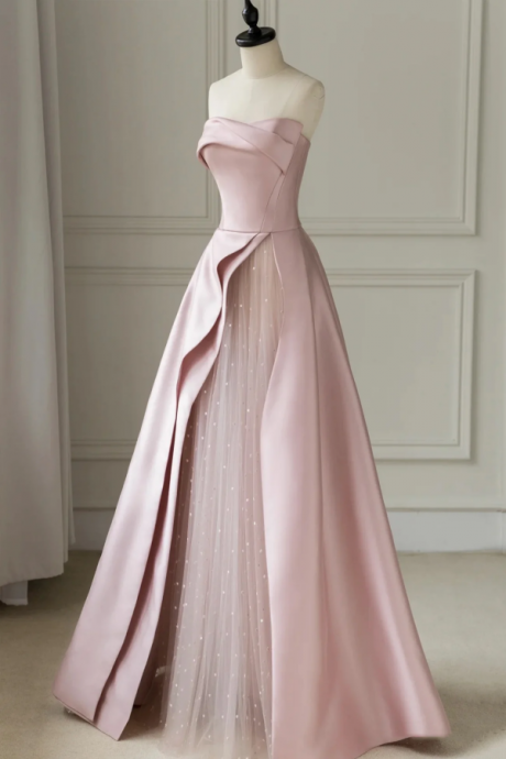 Pink Strapless Satin Floor Length Prom Dress, A Line Formal Evening Dress