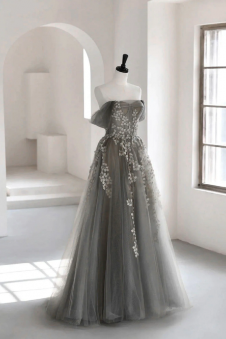 Gray Tulle Lace Long Prom Dress, A Line Off The Shoulder Evening Dress