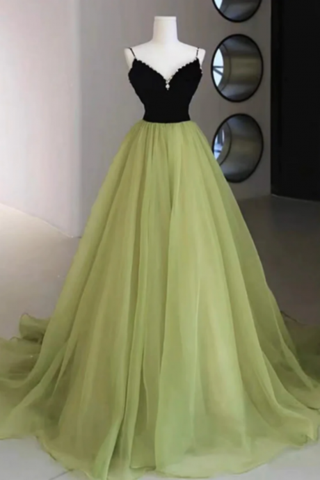 A Line V Neck Black And Green Tulle Long Prom Dresses, Black And Green Tulle Long Formal Evening Dresses