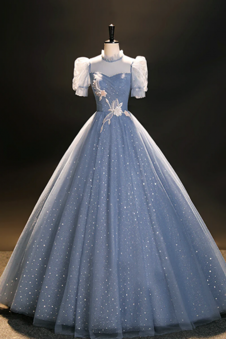 Blue Tulle Floor Length Prom Dress, A Line Short Sleeve Evening Dress