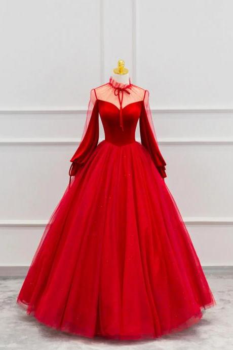 Red Velvet And Tulle Floor Length Prom Dress, Long Sleeve Beautiful A Line Party Dress