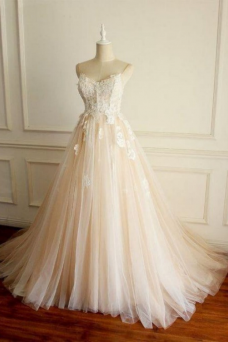 Champagne Tulle Straps Long Party Dress, A Line Prom Dress