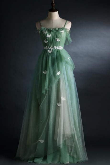 Green Straps Tulle Floor Length A Line Prom Dress, Tulle Scoop Party Dress Evening Dress