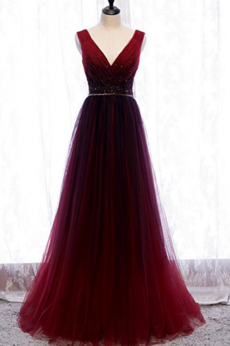Wine Red V Neckline Beaded Tulle Long Party Dress, A Line Gradient Prom Dress