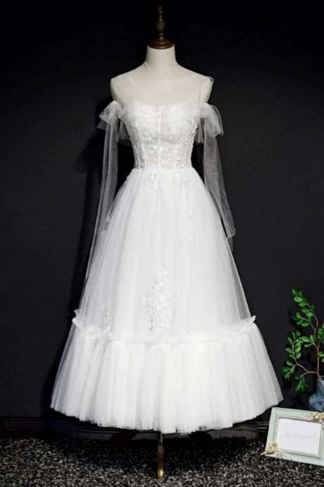 White Lace A Line Tea Length Prom Dress, Simple Wedding Dresses