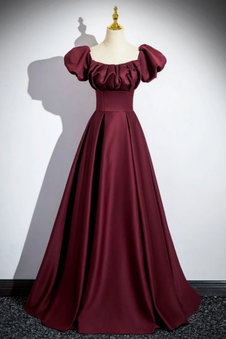 Burgundy Satin Floor Length Prom Dress, Simple A Line Evening Party Dress