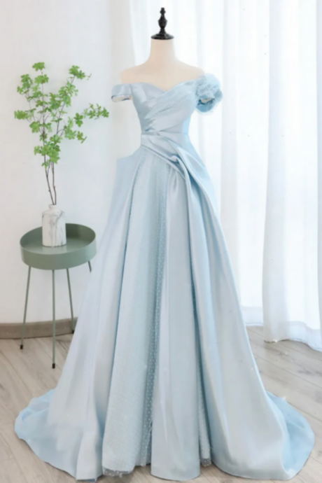 A Line Off Shoulder Satin Tulle Blue Long Prom Dress, Blue Long Formal Dress