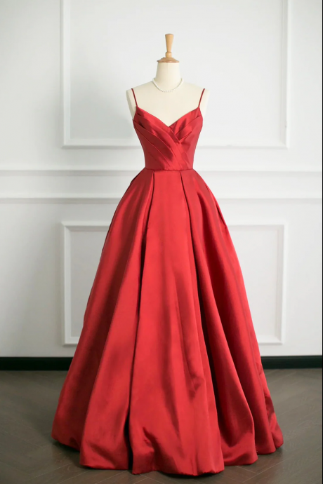 Elegant Scarlet Satin Ball Gown With Sleek Bodice And Voluminous Skirt