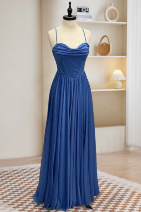A Line Sweetheart Neck Blue Long Prom Dress, Backless Blue Long Evening Dress