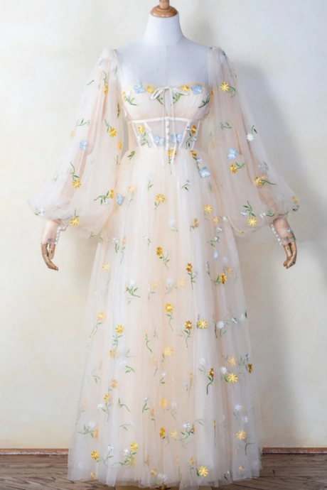 Light Champagne Floral Tulle Long Party Dress, A Line Long Sleeves Prom Dress