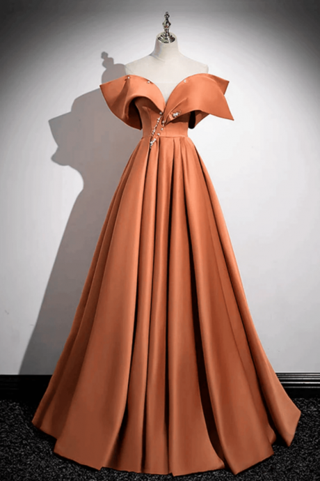 A Line Orange Satin Beaded Sweetheart Prom Dress, Orange Long Evening Dress