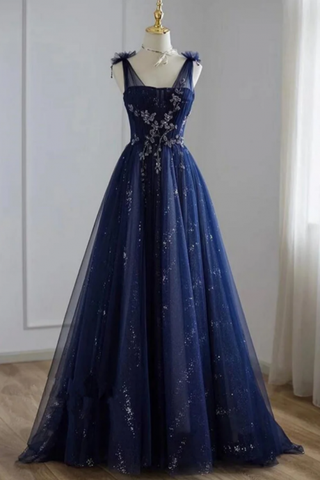 A Line Navy Blue Tulle Beaded V Neckline Party Dress, Navy Blue Shiny Tulle Prom Dress