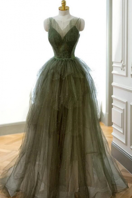 Green Tulle Layers Beaded Long Party Dress, A Line Green Evening Dress Prom Dress