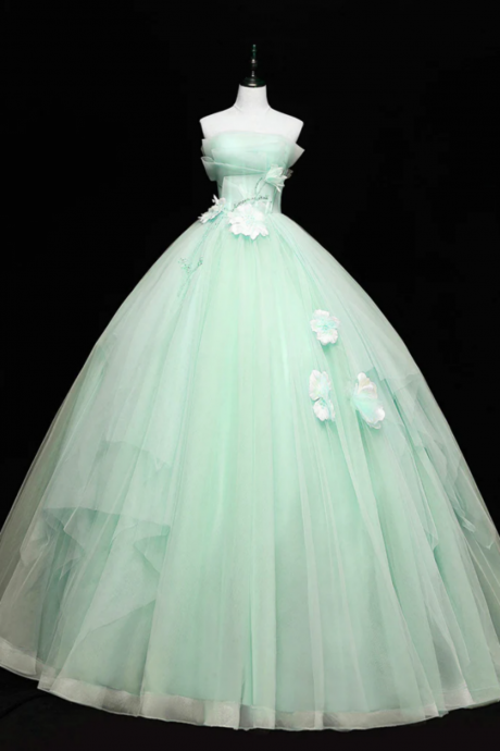 Green Tulle Lace Applique Long Prom Dresses, Green Sweet 16 Dresses