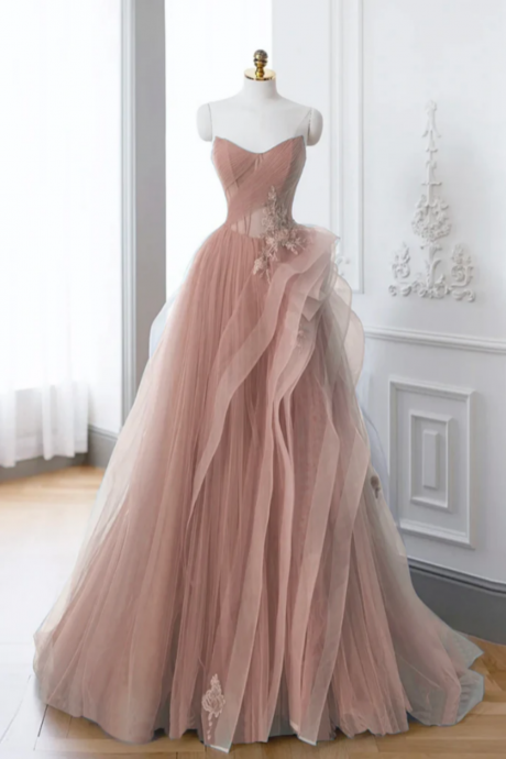 Pink A Line Off Shoulder Long Prom Dress, Pink Lace Long Evening Dress