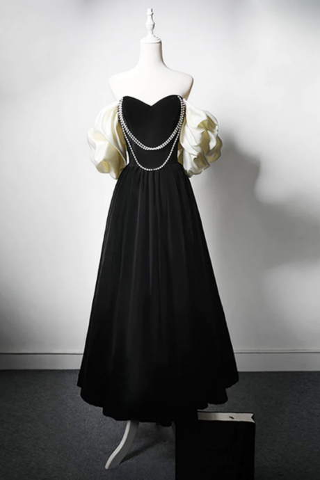 A Line Velvet Tea Length Black Prom Dress, Tea Length Black Formal Dress