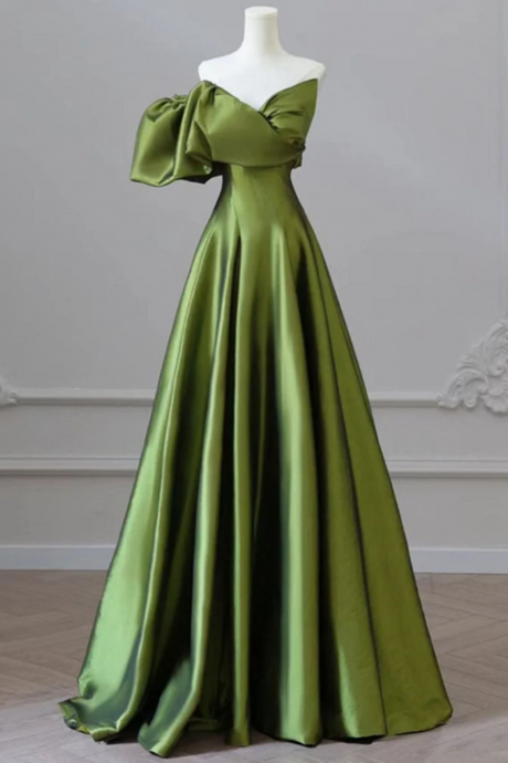 One Shoulder Green Satin Long Party Dress, Off Shoulder Prom Dress
