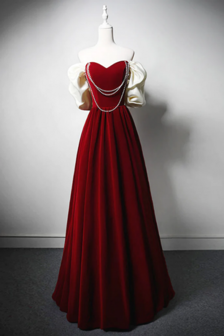 Burgundy A Line Off Shoulder Velvet Lace Long Prom Dress, Burgundy Long Formal Dress