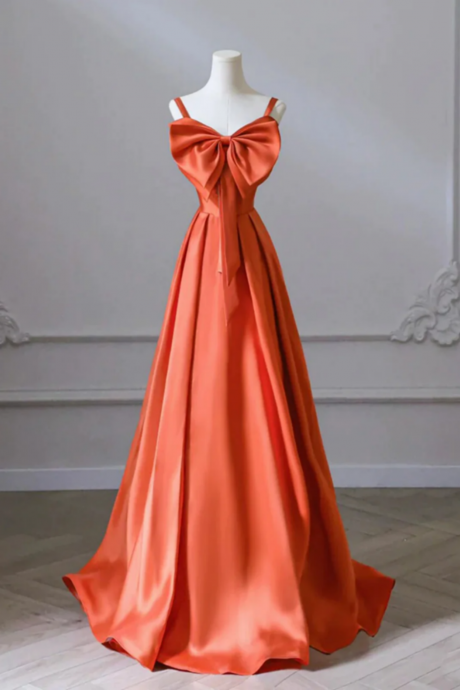 Orange Long Satin Prom Dresses With Bow, Oranage Long Satin Formal Evening Dresses
