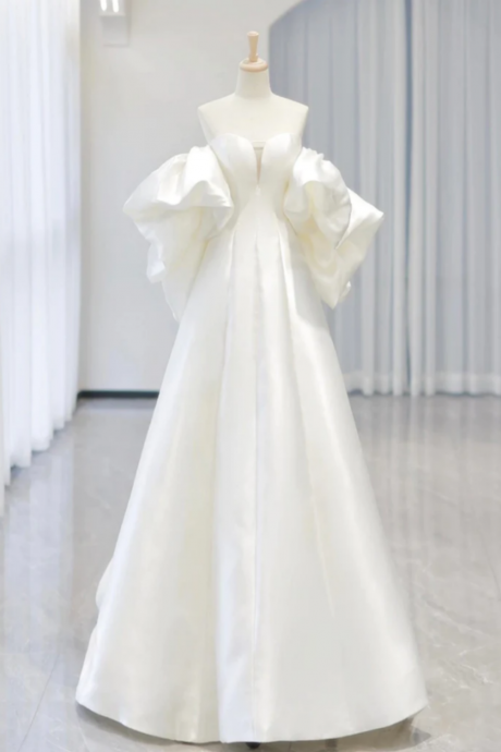 White A Line Satin Long Prom Dress, White Satin Long Formal Dress
