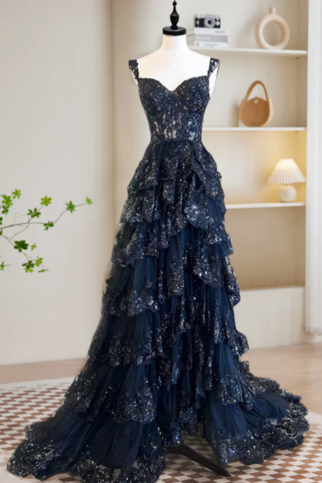 A Line Tulle Sequin Black Long Prom Dress, Black Sequin Long Formal Dress