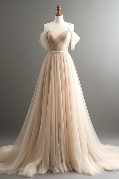 A Line Off Shoulder Champagne Tulle Long Prom Dress, Champagne Long Evening Dress