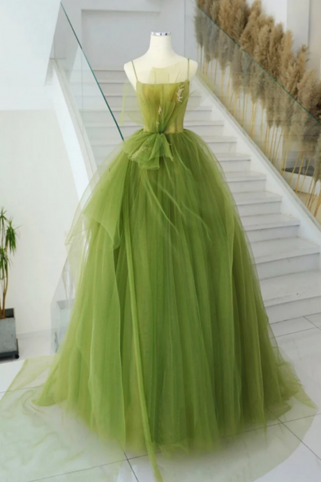 Green Tulle Long Prom Gown, Green Tulle Long Evening Dress