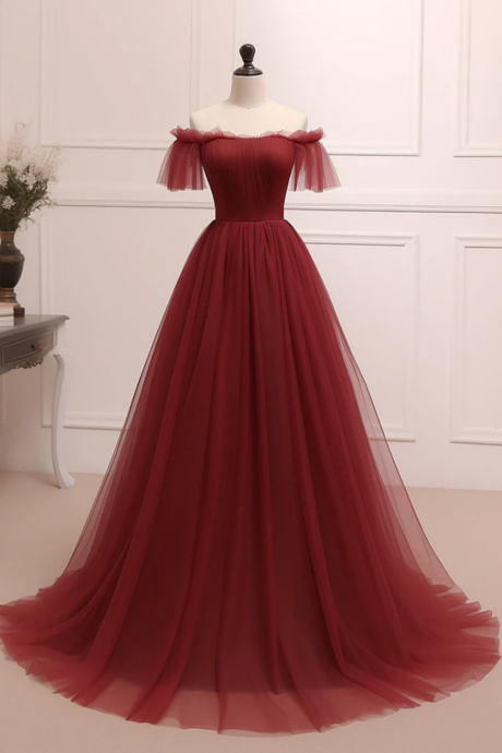 A Line Burgundy Tulle Long Prom Dress, Burgundy Long Evening Dress