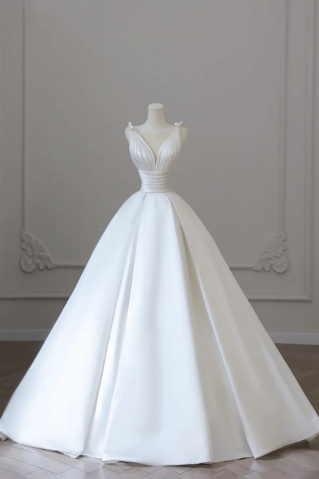 A Line V Neck Satin Wedding Dress, White Satin Bridal Gown With Bow