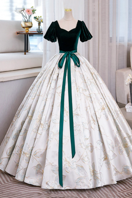 Green Velvet Floor Length Printing Prom Dresses, A Line Short Sleeve Evening Formal Dresses