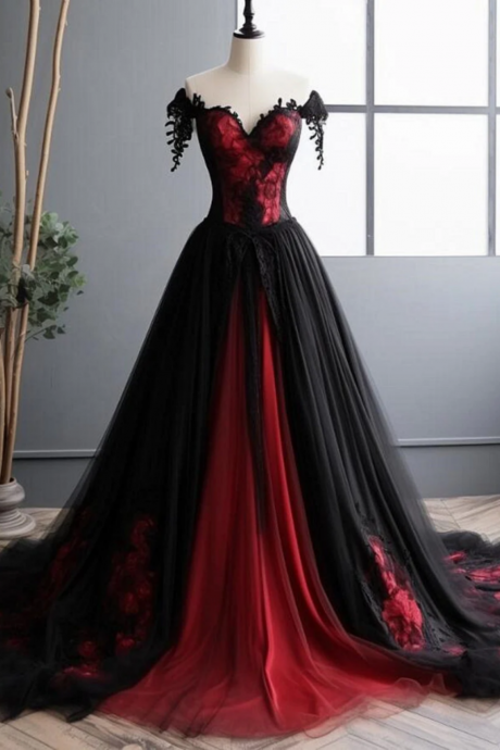 Black And Red Tulle Long Prom Dress, Black And Red Formal Gown