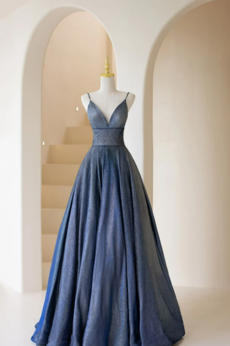 Fashionable A Line Blue Straps V Neckline Long Prom Dress, Blue A Line Evening Dress