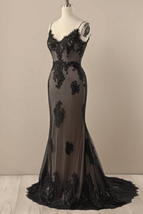 Black V Neck Beaded Lace Evening Dress, Lace Mermaid Prom Dress