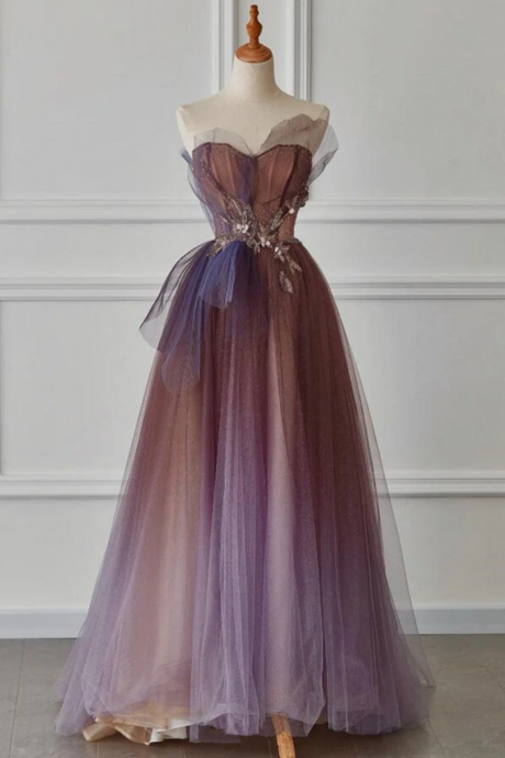 A Line Purple Gradient Tulle Beaded Long Party Dress, Purple Tulle Prom Dress