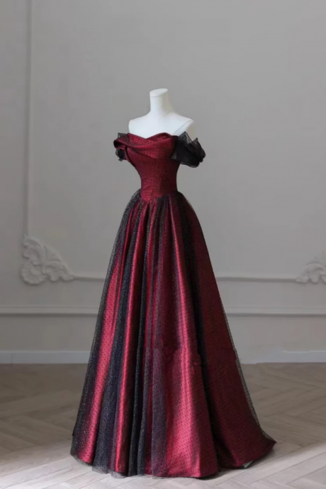 Black And Red Off Shoulder Satin Long Prom Dress, Off The Shoulder Party Dress