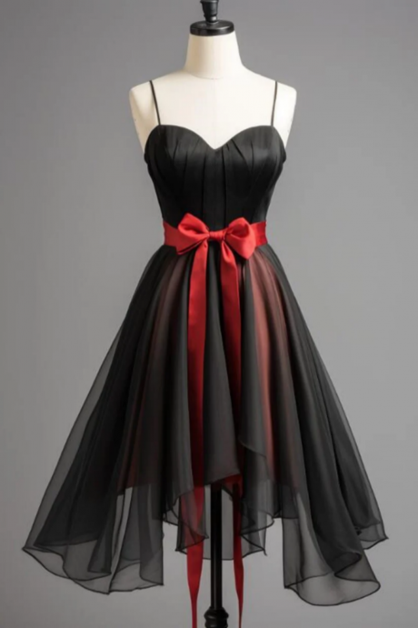 Black And Red Chiffon Sweetheart Party Dress, Chiffon Short Homecoming Dress