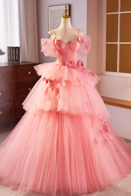 Pink Spaghetti Strap Tulle Long Prom Dress, Beautiful A Line Formal Sweet 16 Dress