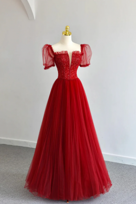 Dark Red Tulle Floor Length Formal Dress, Beautiful A Line Short Sleeve Evening Dress With Beaded
